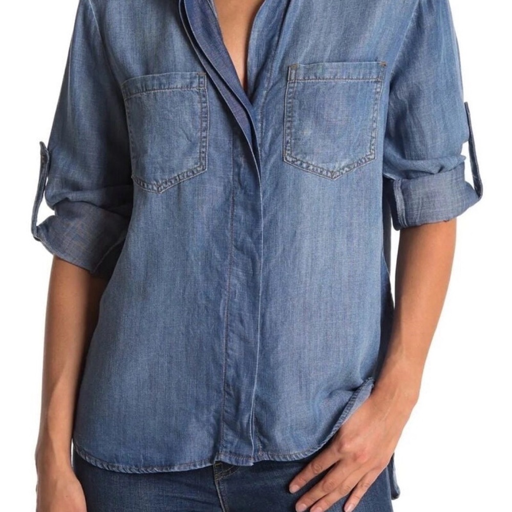 Cloth & Stone Shirt Womens Medium Blue Tencel Chambray Long Sleeve Button Front